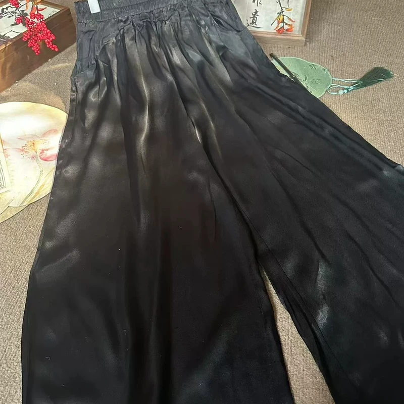 夏季新款新中式国风宽松显瘦松紧腰遮肉纯色油皮老料微阔直筒裤