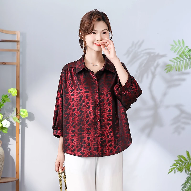 时尚宽松POLO领衬衫中老年女装妈妈装碎点丝缎面上衣妈妈装夏季