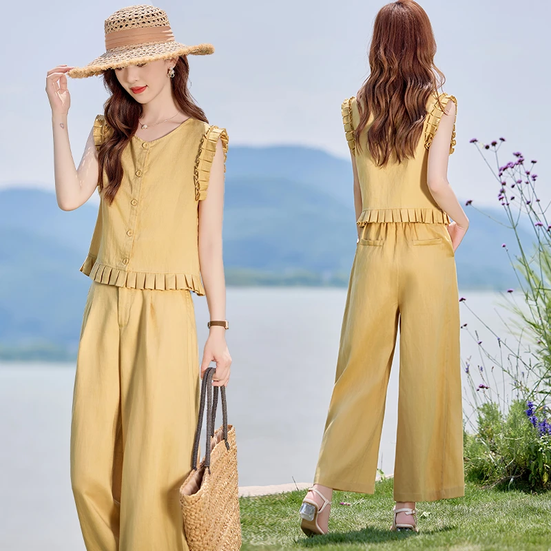 木耳边马甲时尚套装女2025年夏季新款设计感休闲显瘦阔腿裤两件套