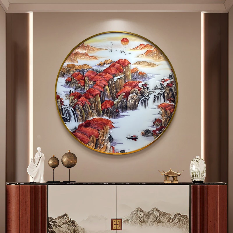 臣萱鸿运当头新中式山水画珐琅彩装饰画玄关挂画客厅沙发背景墙画