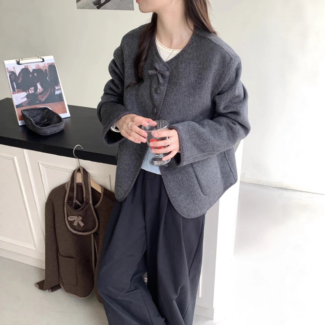 网红爆款2025秋冬新款双面羊毛大衣韩版宽松短款休闲毛呢外套