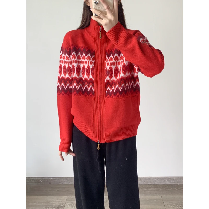 CHUAN BAI 圣诞款立领经典时尚双拉链复古花纹休闲针织开衫