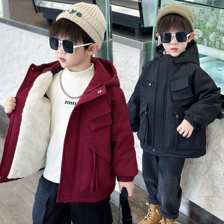 男童冬装纯色工装加绒外套冬季韩版儿童加厚冲锋衣中小童保暖棉衣