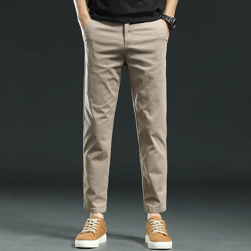 香港秋冬纯棉加绒九分休闲裤男修身直筒潮牌卡其色弹力百搭9分裤