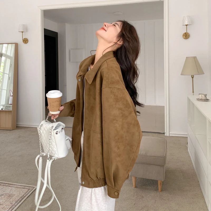 复古韩系麂皮绒外套女2025春秋新款超好看氛围感小众设计短款夹克