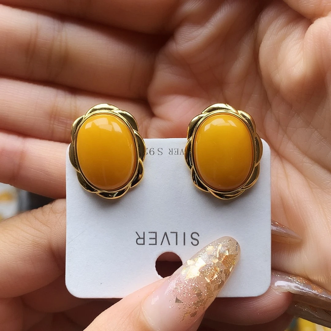 银S925镶嵌蜜蜡耳饰耳钉