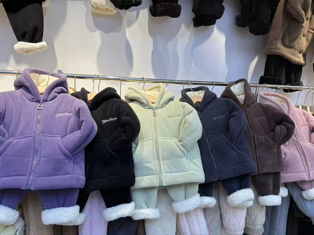 奥利绒加厚宝宝加绒中性棉衣休闲家居服套装女士保暖男童棉服双面