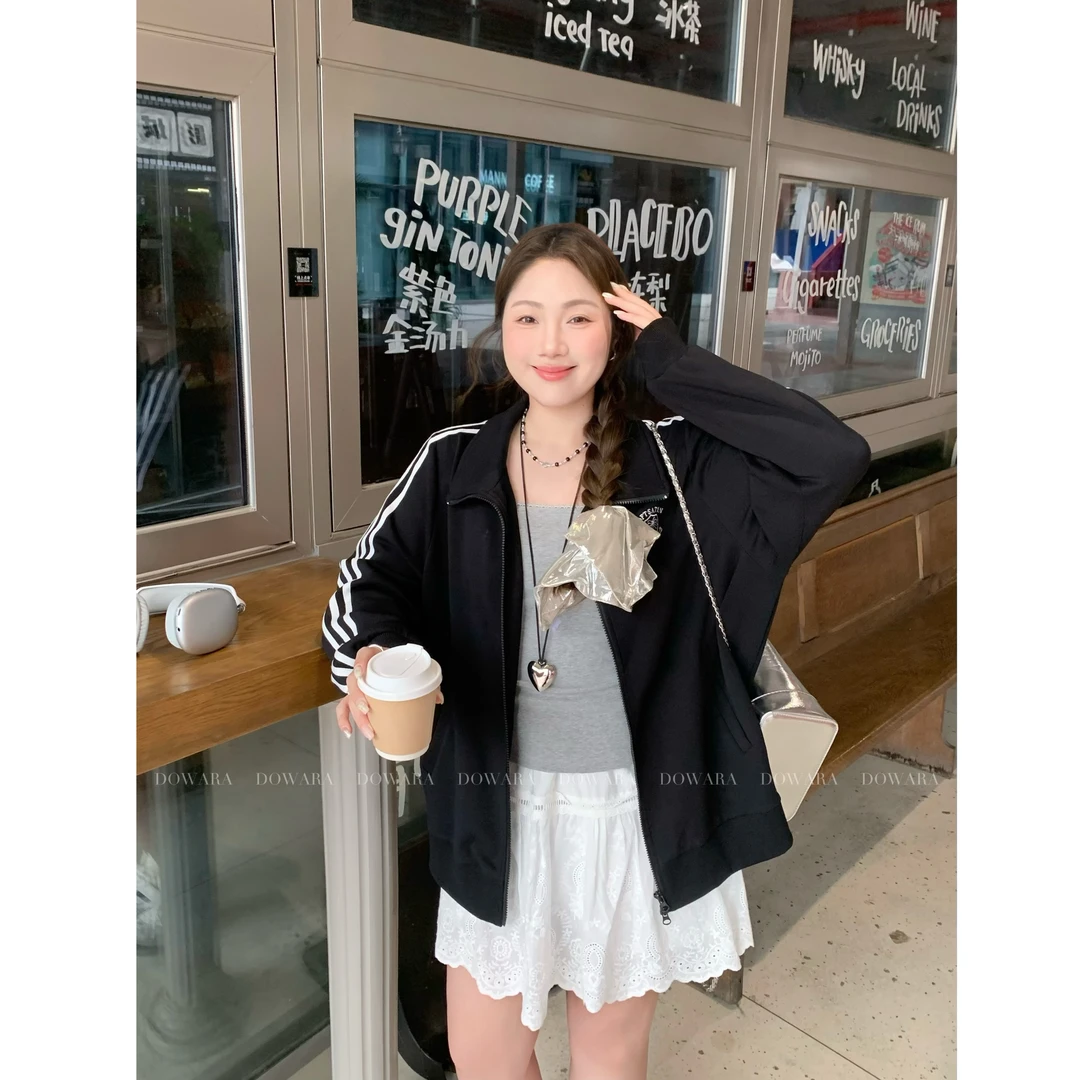 现货6680D大婉酱肉肉微胖定制【韩式学院】运动拉链翻领春季外套