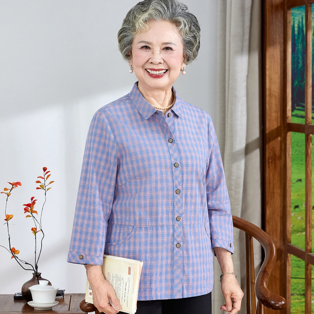 中老年人妈妈夏季纯棉衬衫七分袖奶奶夏装宽松大码全棉衬衣老太太
