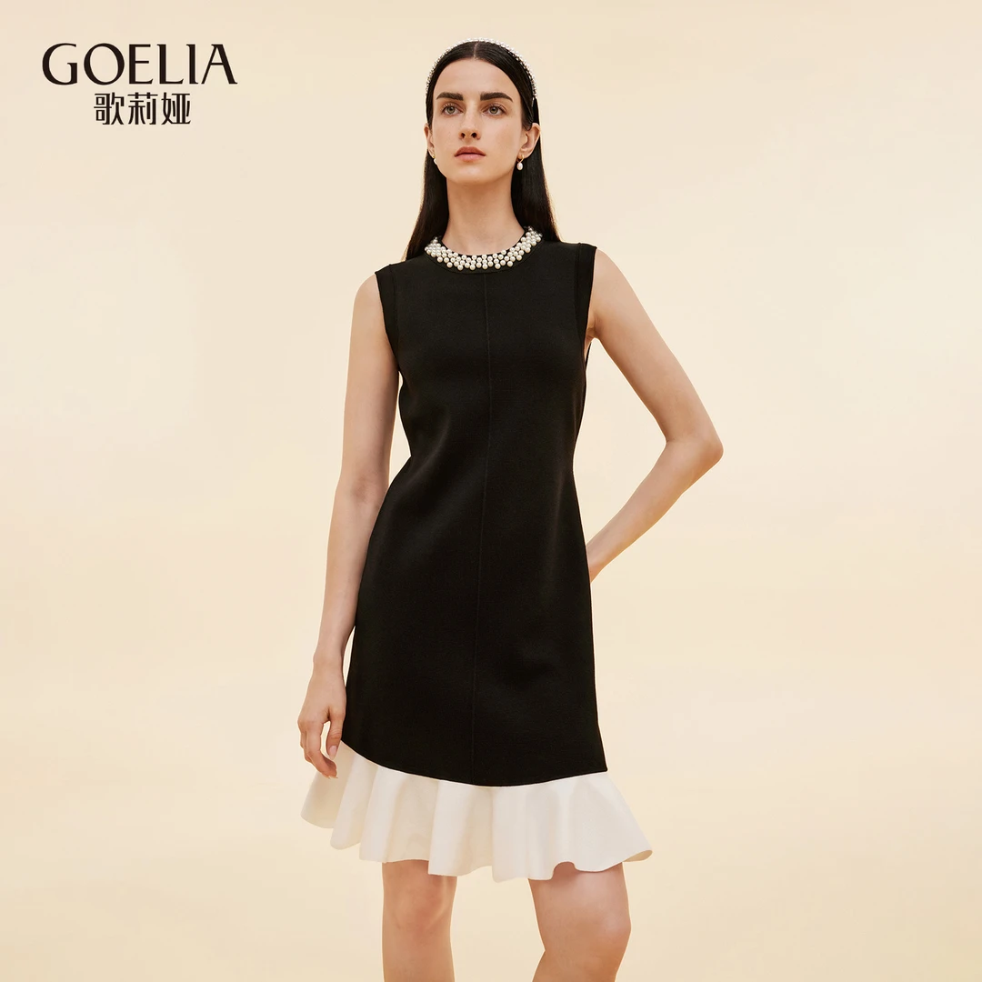 歌莉娅2025新款珍珠领撞色收腰连衣裙撞色无袖针织修身1E9L4G2R0