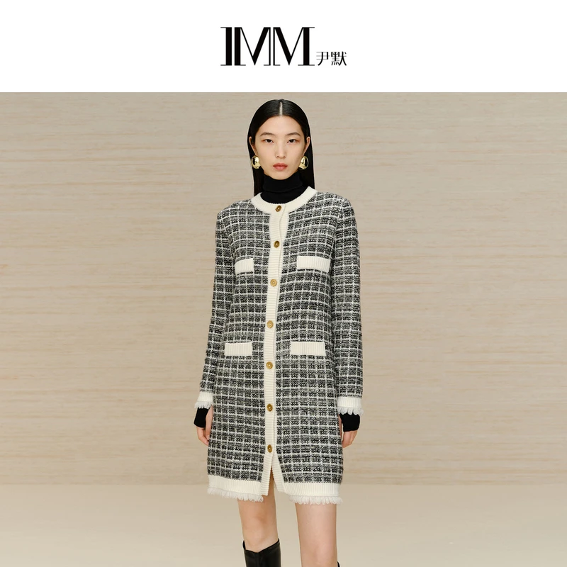IMM尹默女装2023冬季肌理感香风连衣裙直筒廓形小香毛织连衣裙