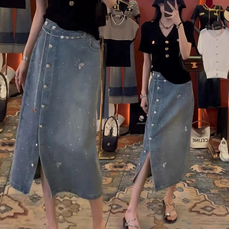 韩版重工烫钻高腰牛仔半身裙女202春季新款小众设计感开叉A字裙