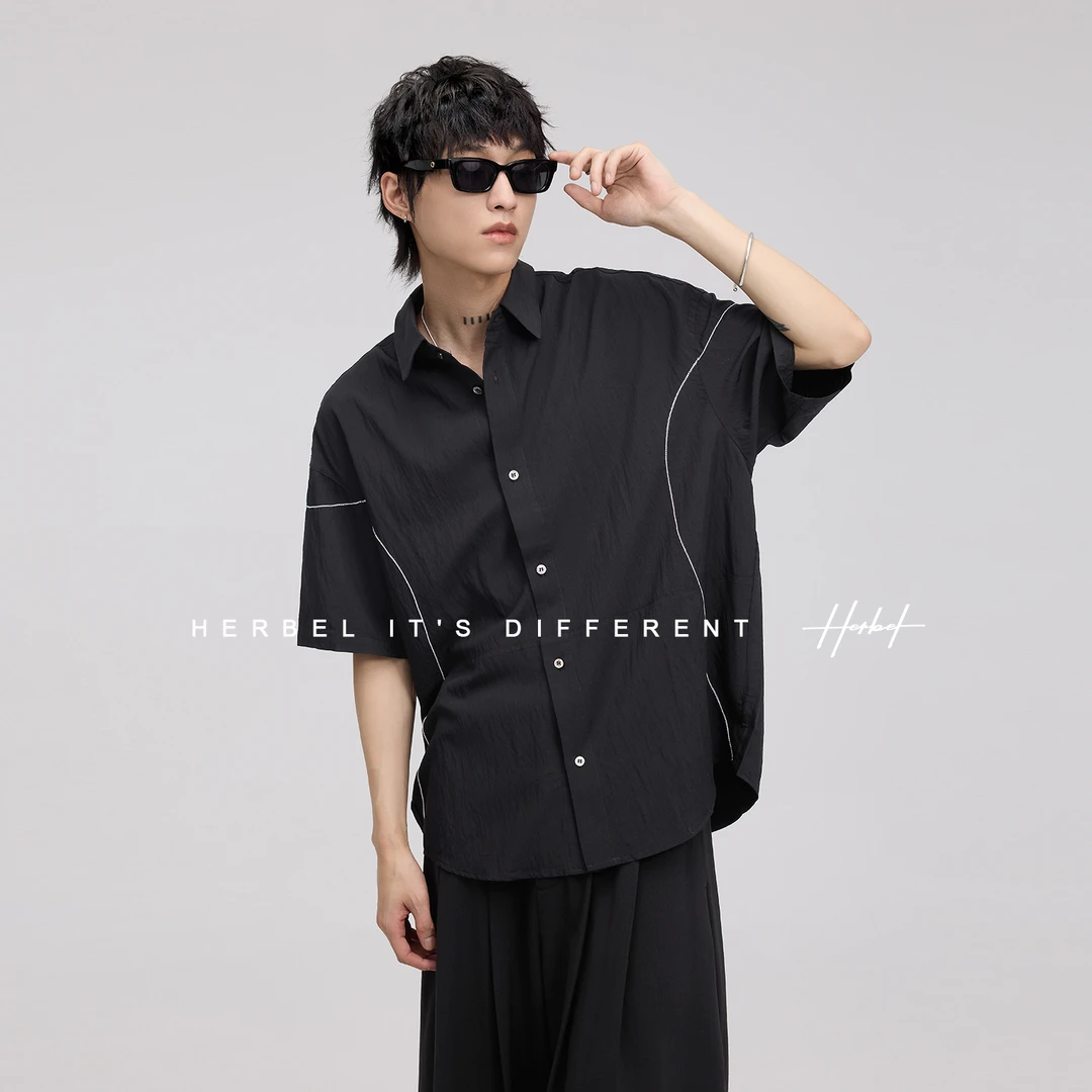 HERBEL/黑白2025夏季短袖衬衫外套休闲潮流日系衬衫日系工装牛仔