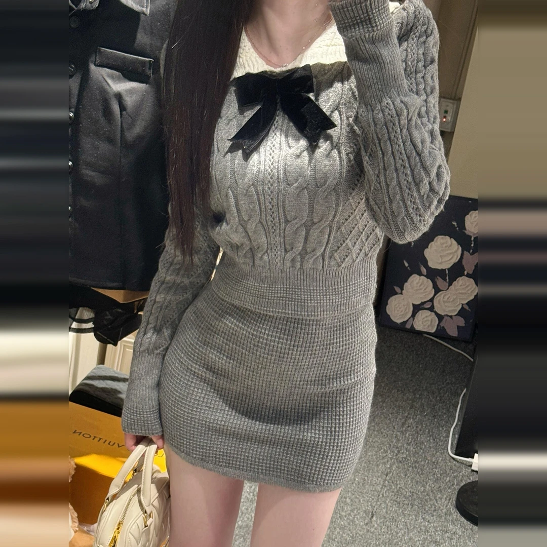 法式灰色长袖针织连衣裙子女秋冬季2025气质包臀短裙9123