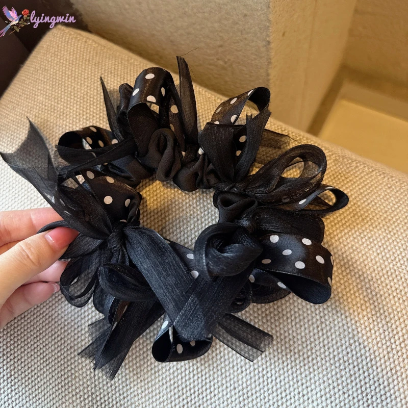 慵懒风气质优雅黑色网纱波点蝴蝶结大肠发圈扎头发绳马尾丸子头绳