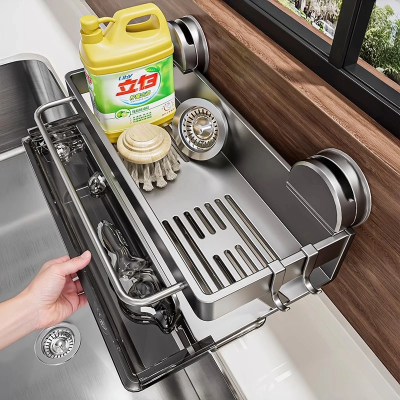 厨房置物架吸盘不锈钢抹布架子壁挂收纳神器多功能水槽沥水架