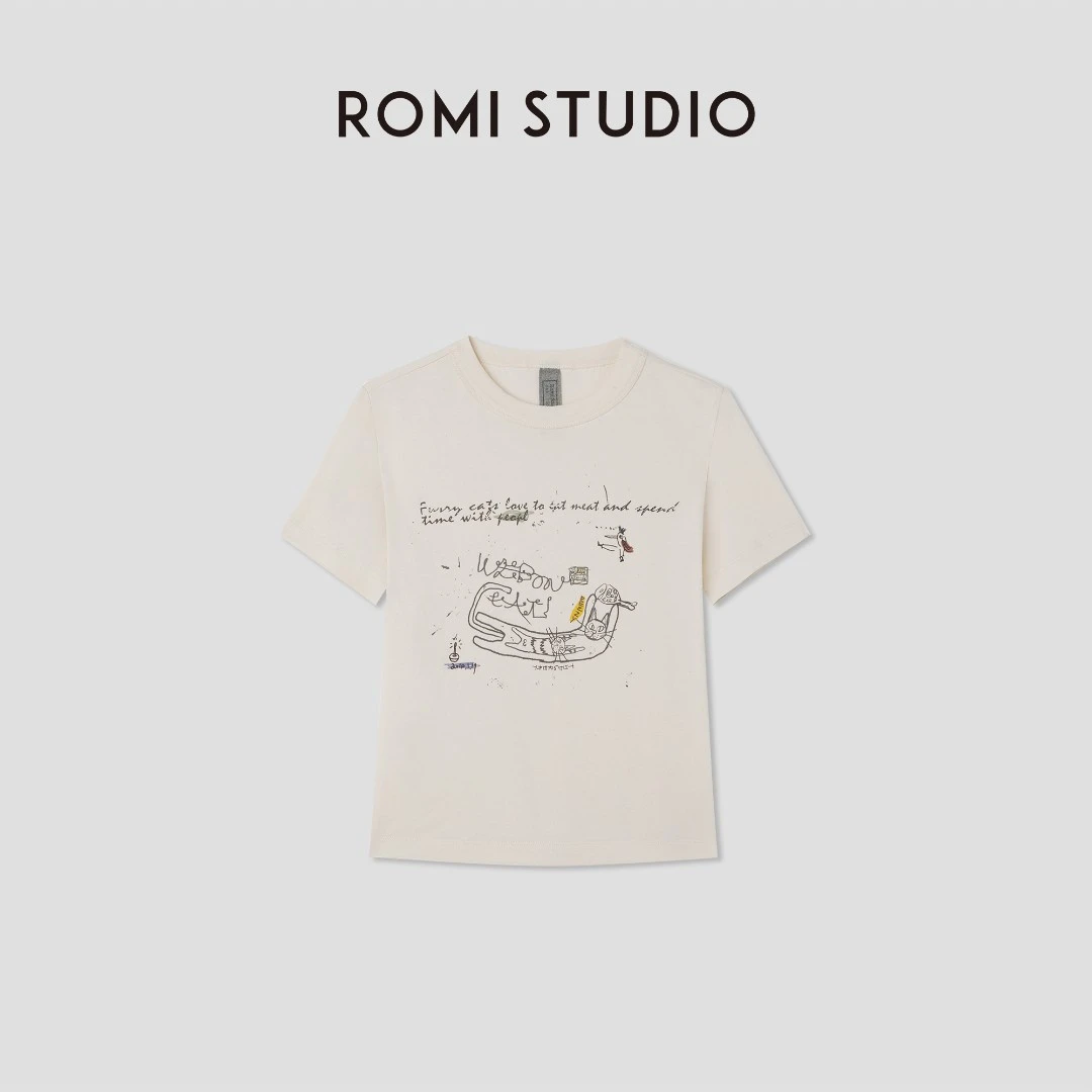 ROMI STUDIO“天然棉籽无染色”手绘涂鸦印花圆领短袖T恤RWCRSY2925