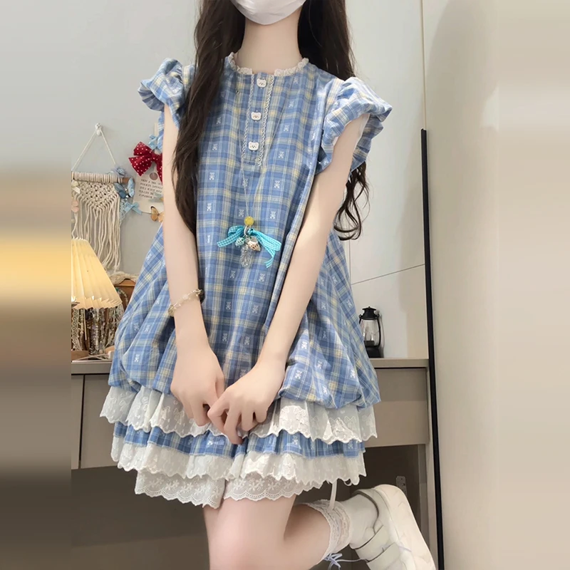 蓝色蕾丝拼接格子小飞袖连衣裙子女夏季2025新爆款高级感气质短裙