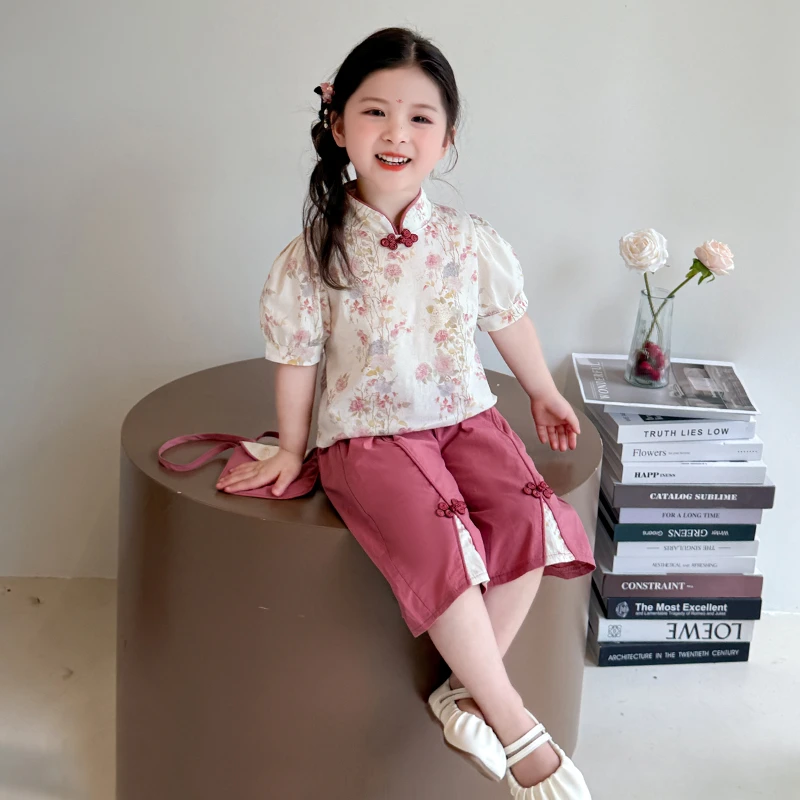 女童新中式送包包国风汉服套装新款洋气时尚女宝宝甜美可爱两件套