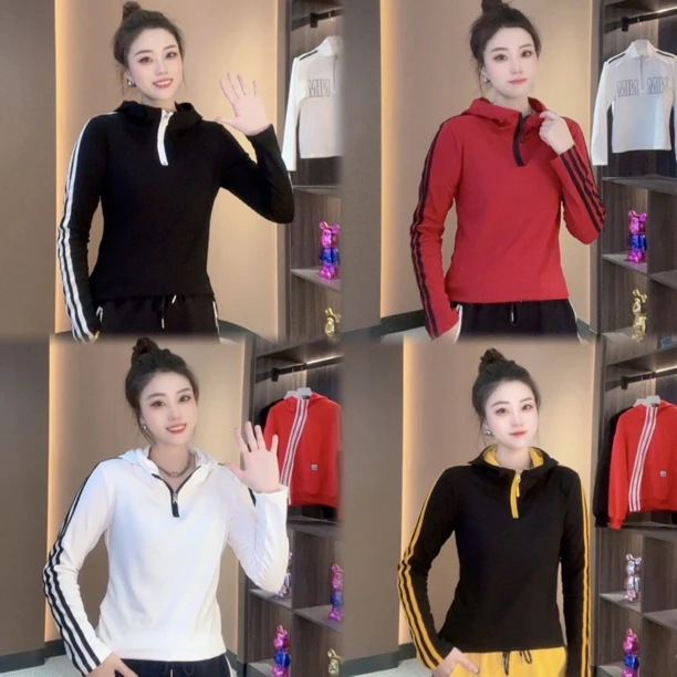 设计感半拉链撞色连帽卫衣女冬新款时尚内搭打底衫磨毛加绒上衣