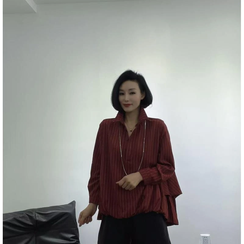 蒋姐家 春季新款时尚宽松长袖条纹斗篷衬衫