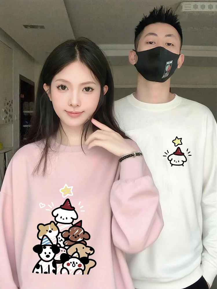 秋季圆领套头卫衣情侣一男一女2025秋冬潮牌学院风卡通加绒外套潮