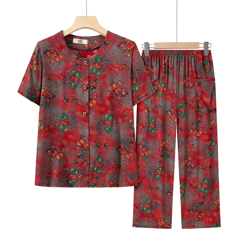 奶奶夏装棉绸套装中老年人短袖开衫女妈妈居家服老太太开衫睡衣