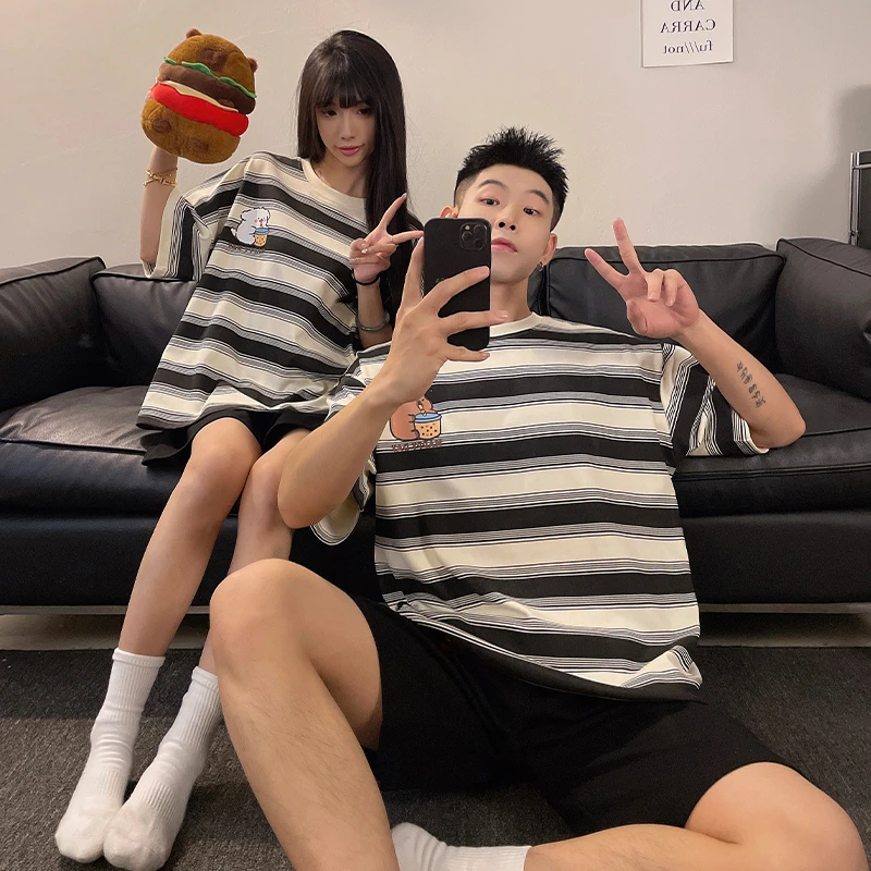 夏天情侣睡衣女款条纹男女士短袖短裤棉质卡通可爱薄款夏季家居服