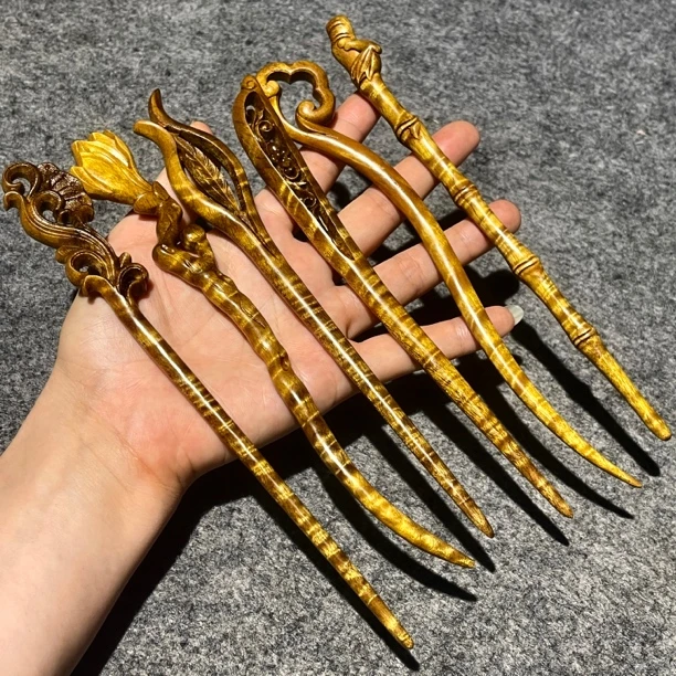 正宗小叶金丝楠木中国风发簪实木整料雕刻古风发饰盘发茶拨多用簪