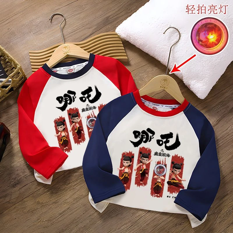 男童t恤3-8岁纯棉秋款插肩拼色长袖发光亮灯上衣儿童圆领打底衫潮