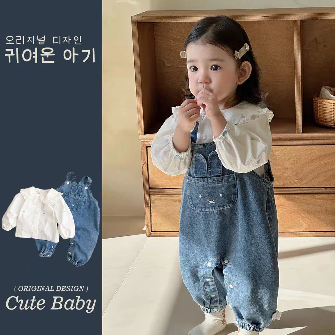 2026新款婴儿牛仔背带裤公主上衣套装荷叶领女宝宝洋气外出童装