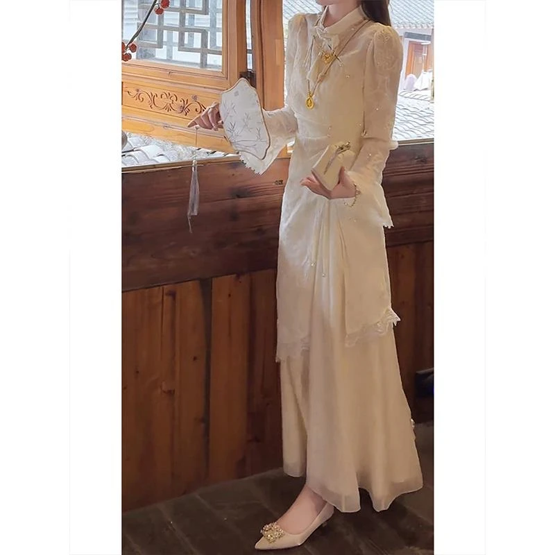 高端精致名媛气质高级感富家千金新中式国风白色蕾丝连衣裙套装夏