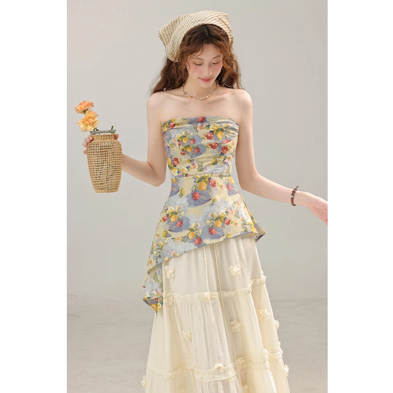 三寸藕【左岸假日】法式碎花无袖抹胸背心夏不规则收腰上衣L250727