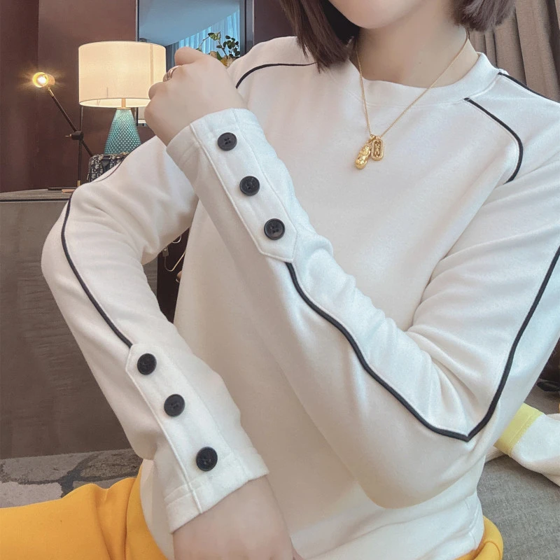 雪姐服饰「圆领三粒扣长袖」秋冬新款磨毛圆领显瘦T恤百搭长袖上