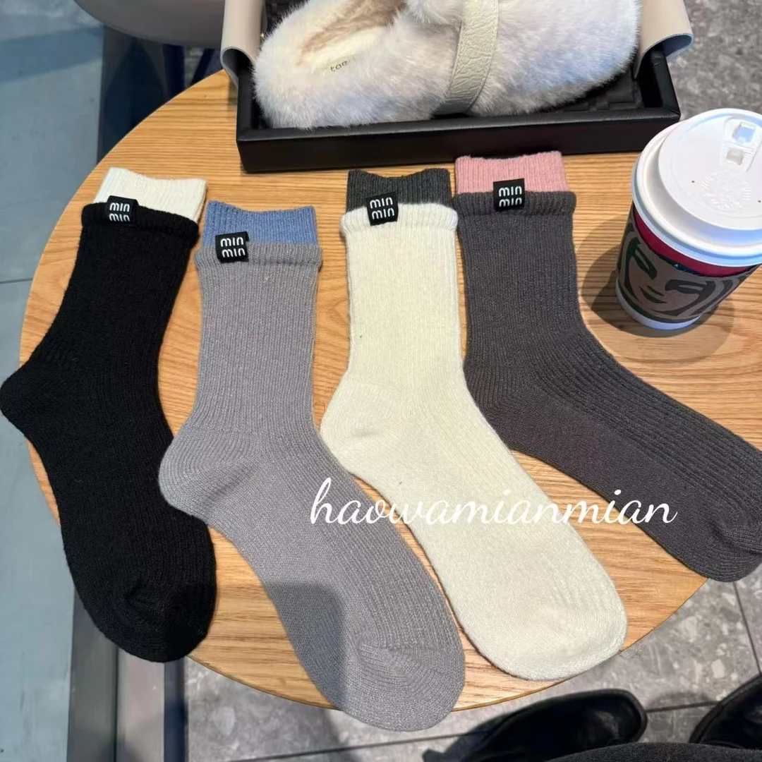 秋冬欧货min中筒袜保暖加厚软糯布标堆堆袜撞色袜口百搭洋气女袜