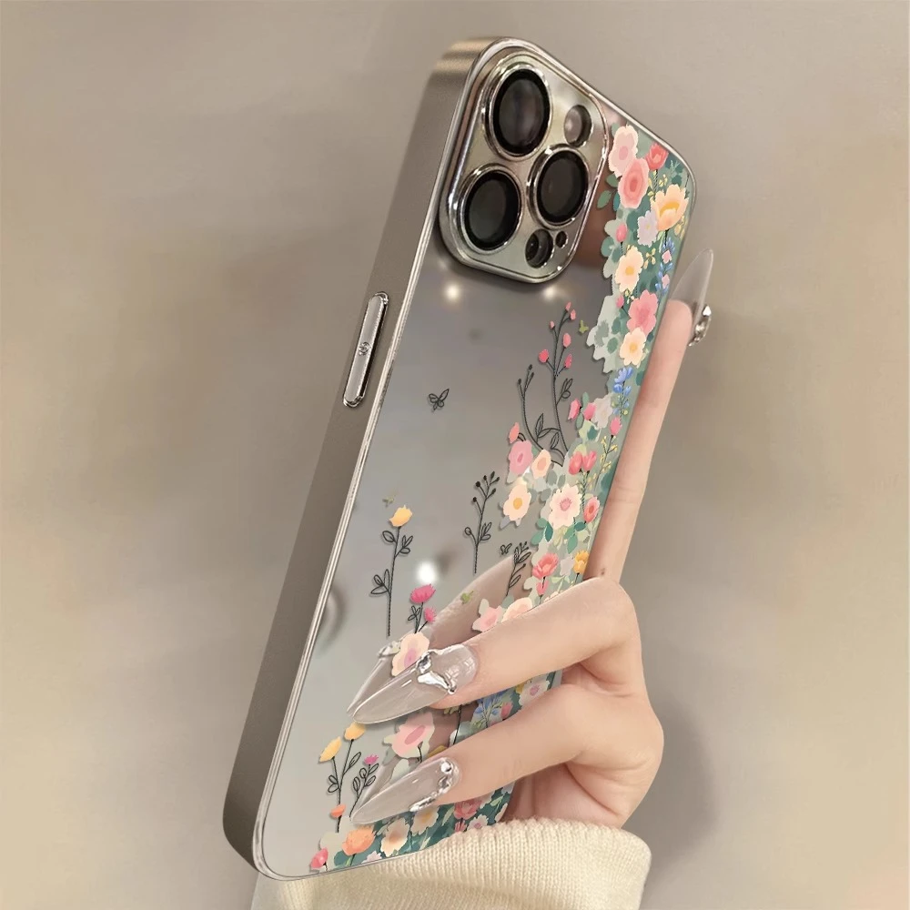 蝴蝶百花文苹果16promax手机壳适用iPhone15电镀镜面镜头全包防摔