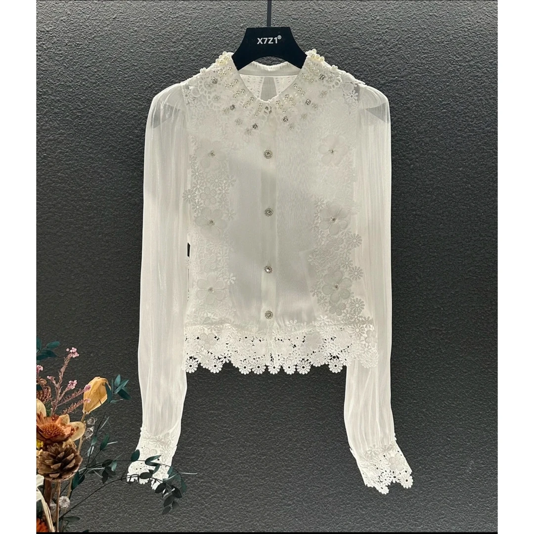 25新款 甜美仙女风白色蕾丝 立体花朵刺绣 花边领长袖短款上衣