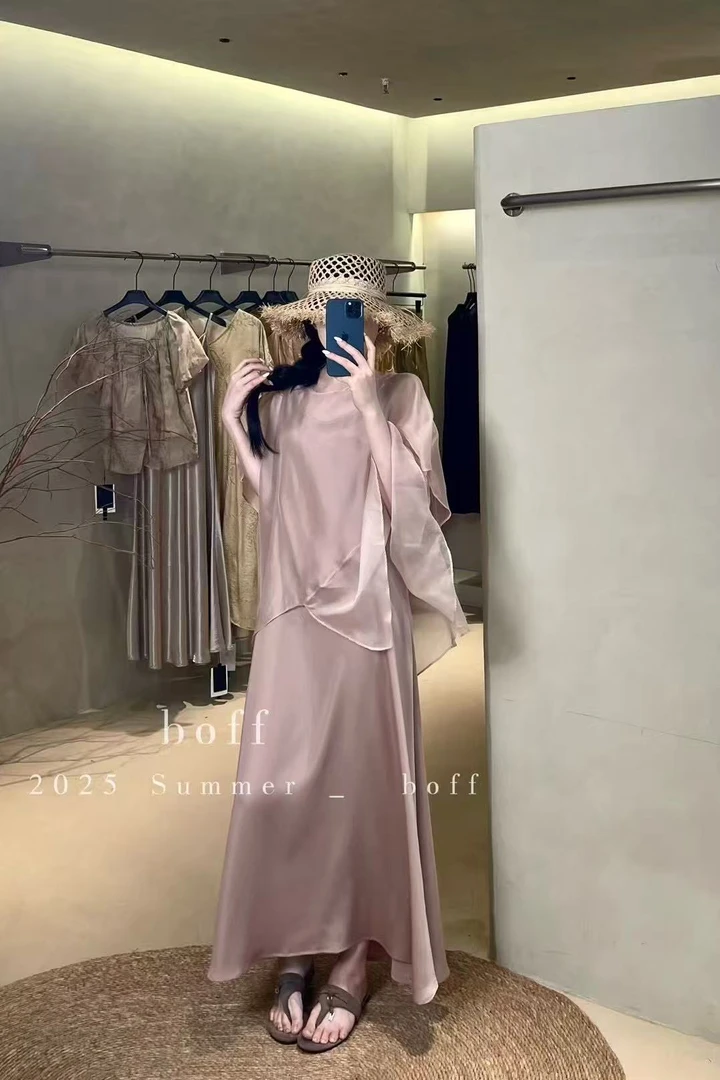 日不落家-温柔气质披风+天丝醋酸连衣裙两件套