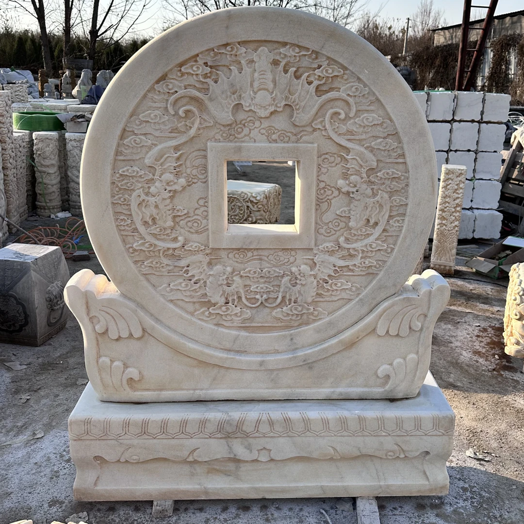 招财进宝、五福临门屏风，汉白玉，高1.5米长1.2米厚30直径1.05米