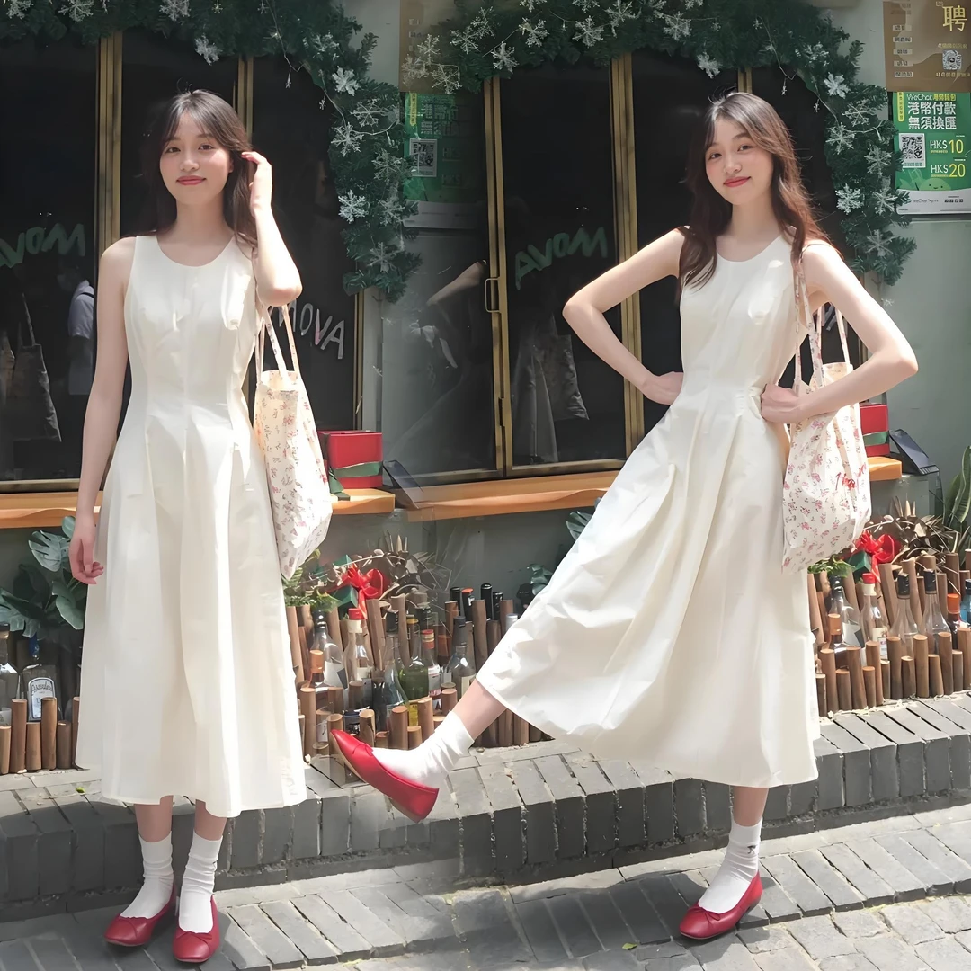 高级感气质白色收腰背心连衣裙2025夏季新款女法式小个子无袖长裙