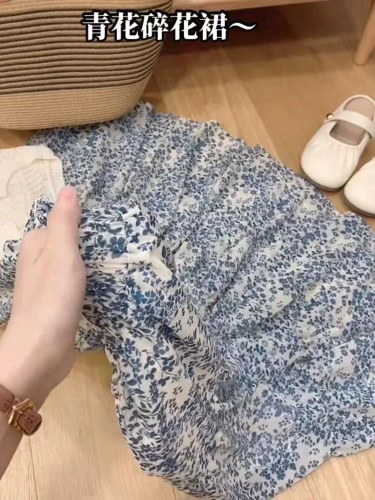 （郁金香）紫色碎花松紧腰压褶彩云纱半身裙洋气显瘦 M20 J05205