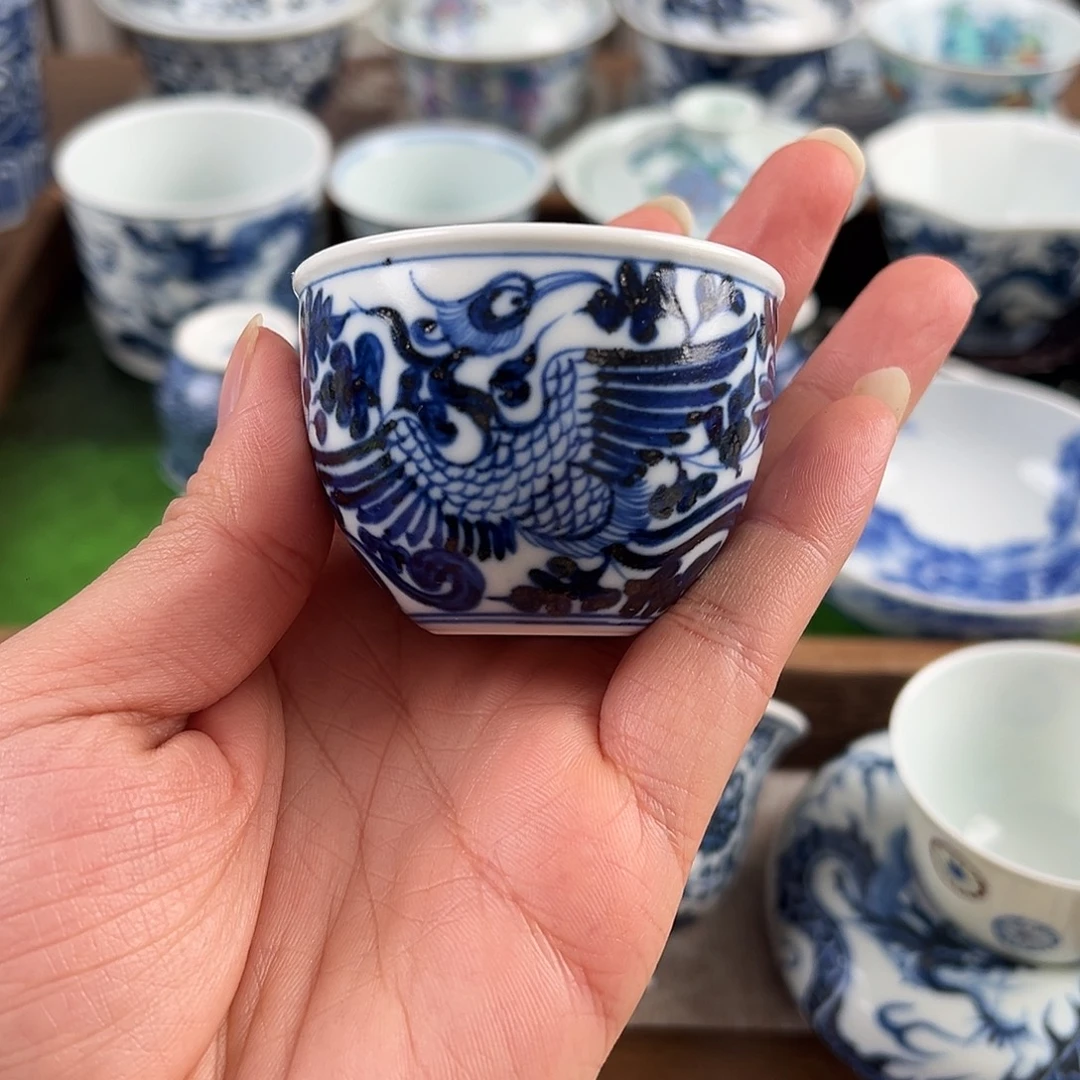 青花双凤小缸杯手工手绘