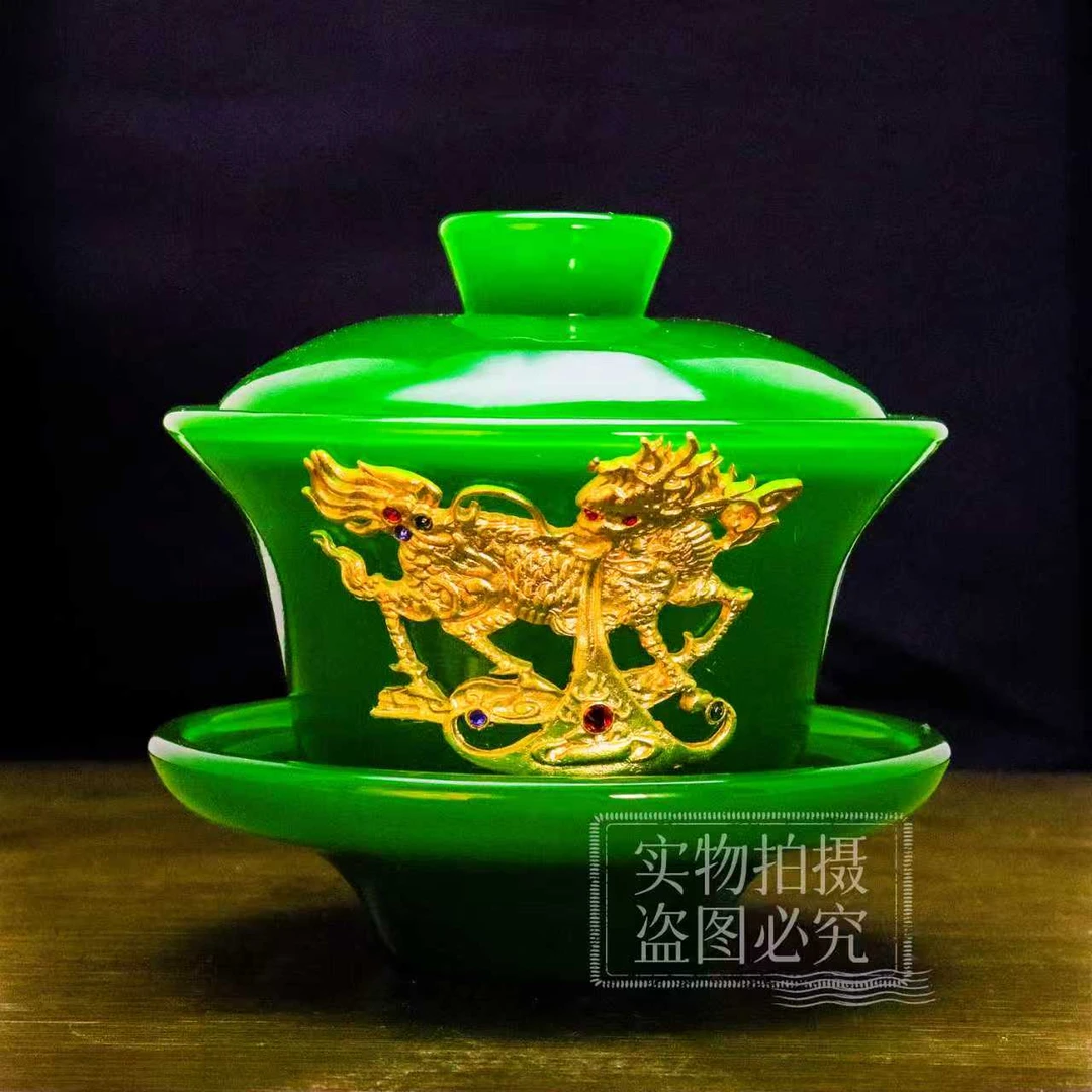 正品《镶·麒麟献瑞》帝王绿琉璃玉瓷三才盖碗/容量150毫升