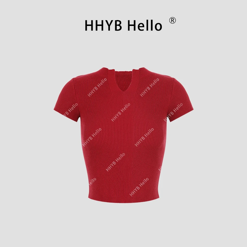HHYB Hello修身V领正肩螺纹短袖针织衫2025春季新款纯棉上衣M1026