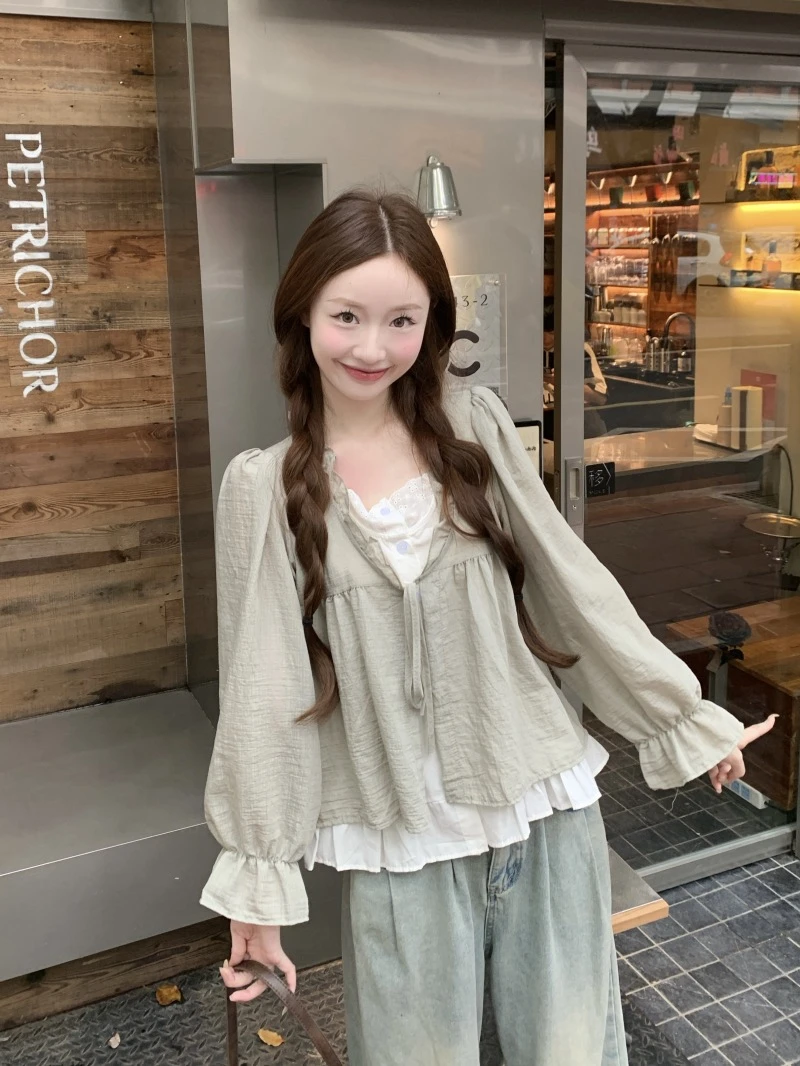 小众假两件绑带长袖衬衫女早秋2025新款气质宽松显瘦减龄别致上衣