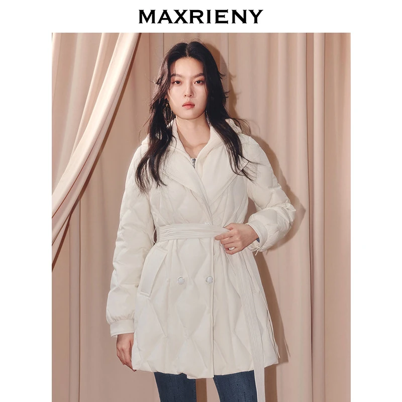 【大梦专属】MAXRIENY菱形格纹x型系带收腰羽绒服优雅通勤穿搭外套