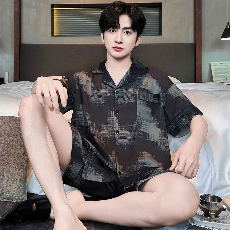 冰丝清凉夏季男士睡衣短袖薄款大码出门可外穿男款家居服