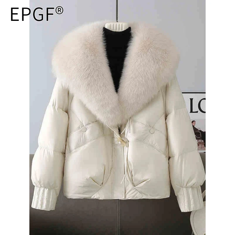 EPGF加绒加厚棉服女装2025春秋新款设计感大毛领宽松保暖面包外套