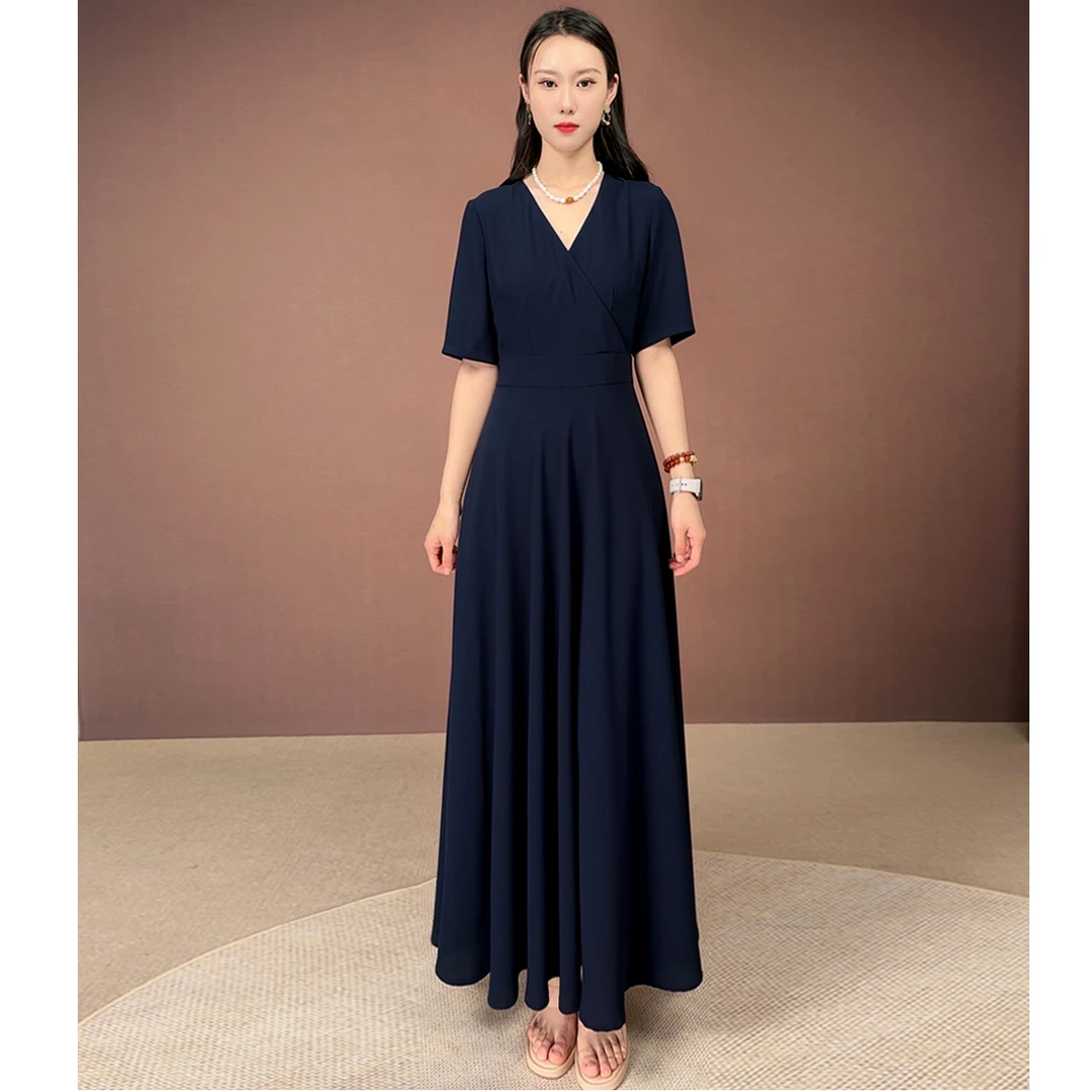 藏蓝色V领连衣裙2025夏季新款大牌高端收腰显瘦气质到脚踝长裙
