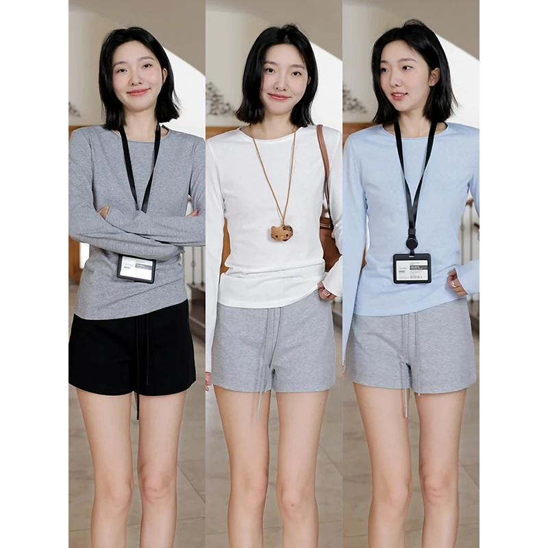 郭九九呢 微薄透竹节棉正肩袖圆领长袖T恤休闲气质短裤G925Y01086